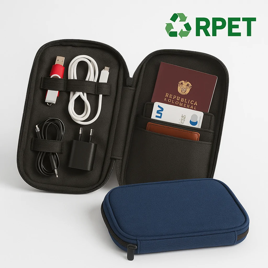 Portadocumentos de viaje y cables fabricado en material reciclado RPET, ideal para organización corporativa y sostenible.